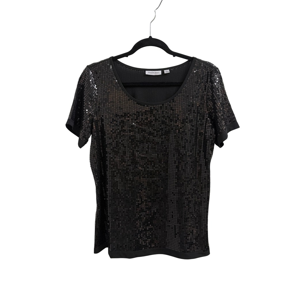 Joan Rivers Womens Black Sequin‎ Short Sleeve Scoop Neck Top Blouse Small Medium